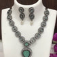 Sparkling Elegance Turquoise Green Colored AD Stones Silver Oxidized Necklace With Earrings