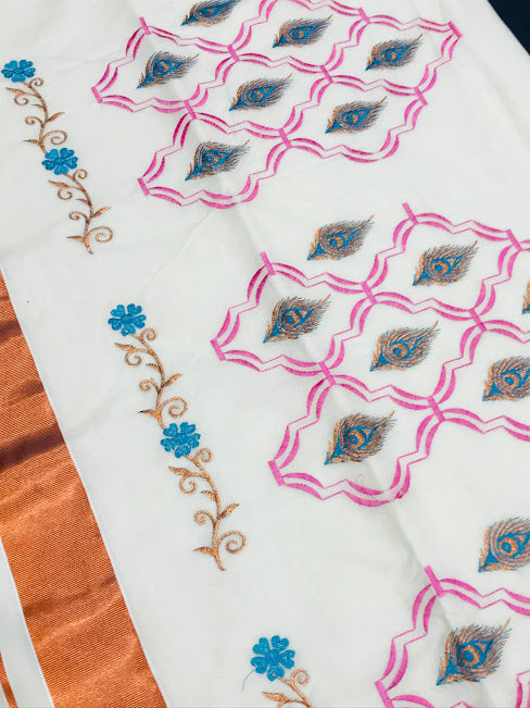 Kerala Cotton Embroidery Saree And Copper Zari Border In Tempe