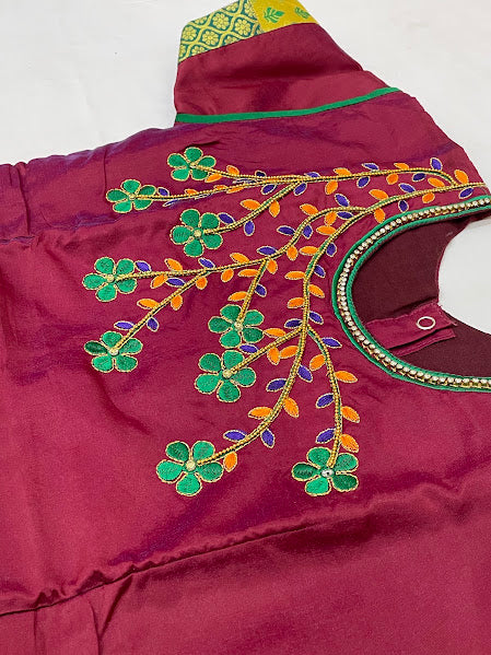 Maroon And Green Color Art Silk Langa Set In Mesa