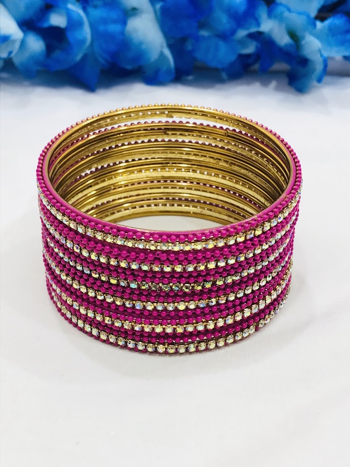 Alluring Pink Color Stone Work Metal Bangles For Women