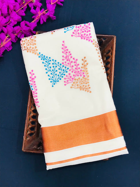 Charming Kerala Cotton Saree With Leaf Brocades And Zari Border Near Me