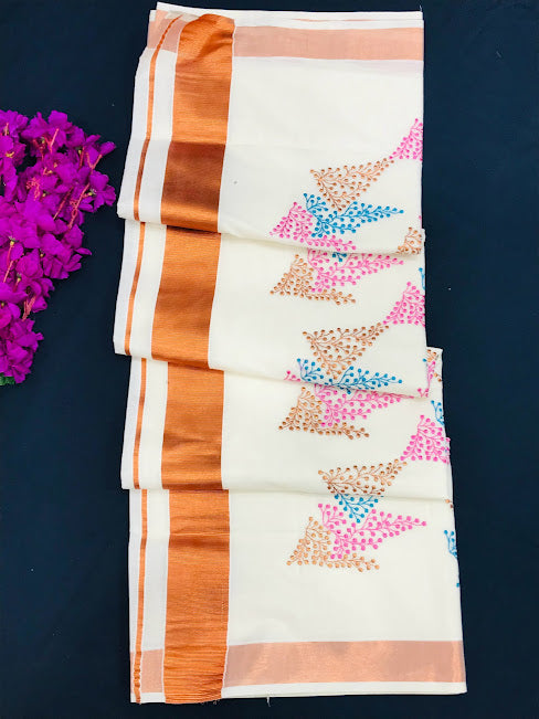 Charming Kerala Cotton Saree With Leaf Brocades And Zari Border In USA