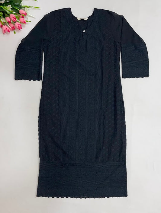 Stunning Black Color Gerogette With Embroidery Work Kurti For Girls