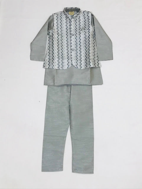 Appealing Grey Colored Silk Cotton Kurta Jacket With Pajama Pant Sets For Boys