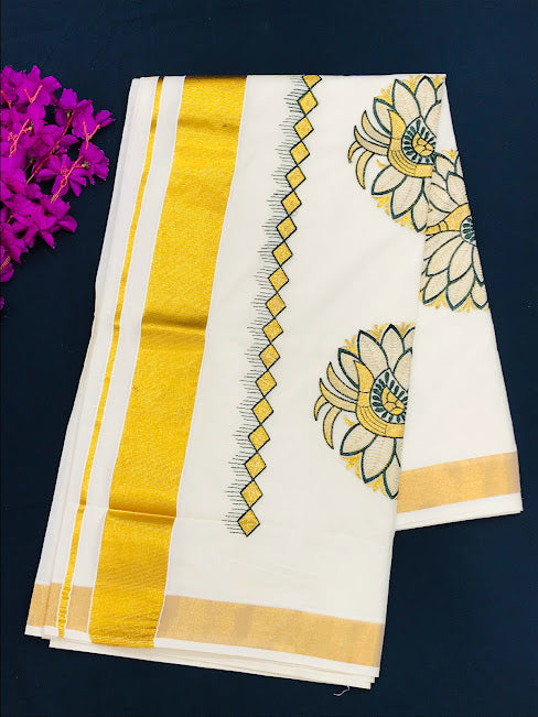 Traditional Kerala Cotton Saree With Peacock Embroidery And Golden Zari Border
