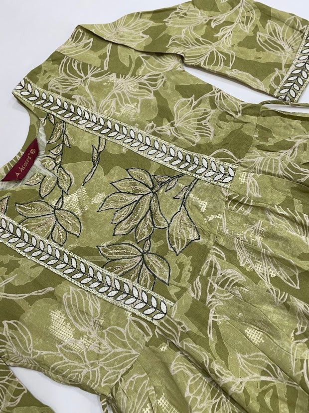 Elegant Green Color Rayon With Embroidery And Printed Work Kurti In Mesa