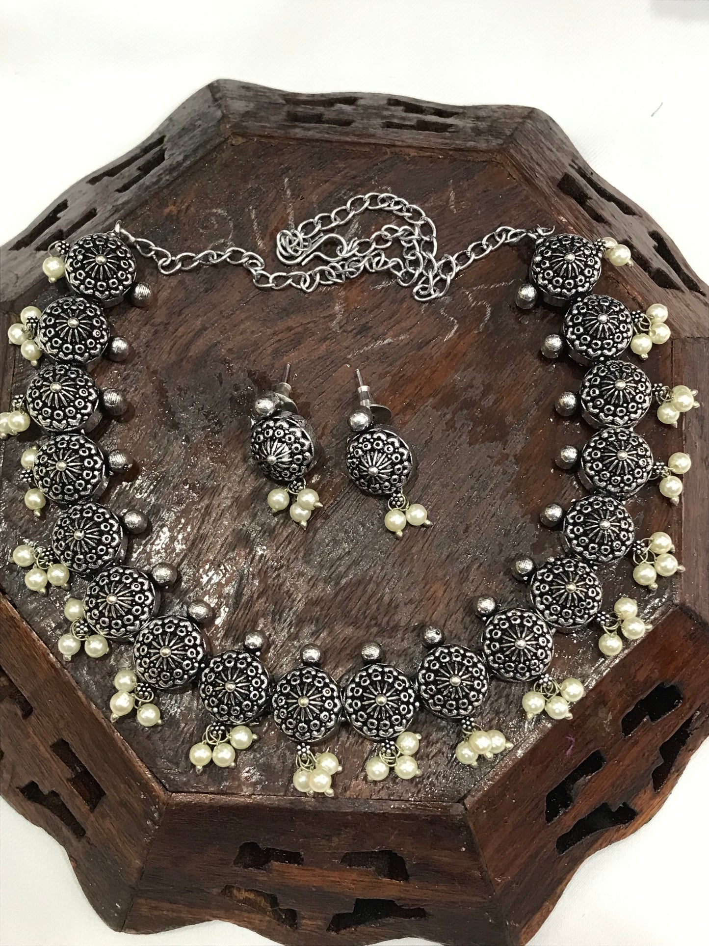 oxidized Necklace Set With Earrings And Pearl Beads in USA