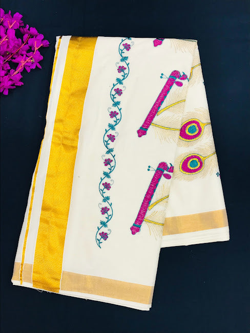 Appealing Kerala Cotton Embroidery Work Saree With Golden Zari Border