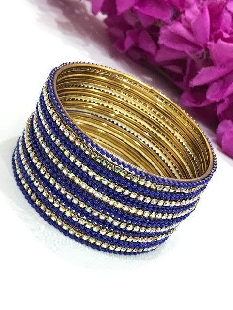 Wonderful Blue Color Gold Plated Bangles With White Stone For Women