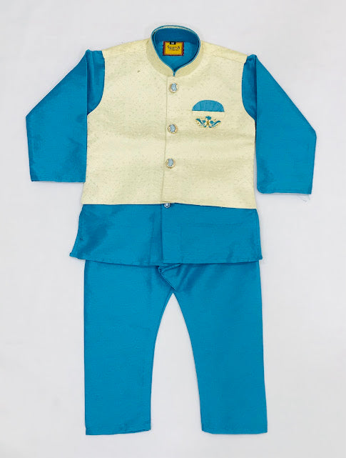 Charming Sky Blue Colored Silk Cotton Boys Sherwani With Pajama Pant Sets