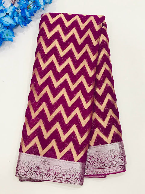 Gorgeous Wine Colored Georgette And Printed Work Saree For Women