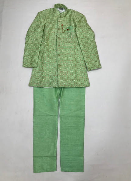 Alluring Pista Green Colored Silk Cotton Kurta With Pajama Pant For Boys