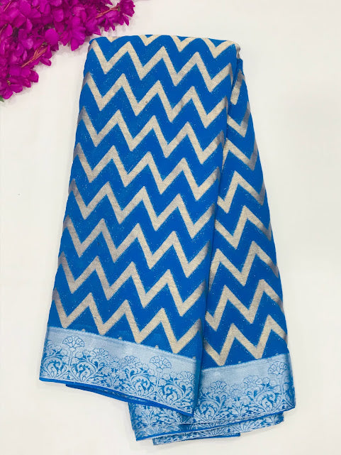 Dazzling Georgette And Printed Work Blue Colored Saree For Women
