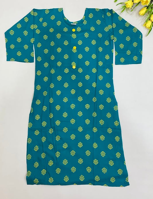 Attractive Rama Green Color Rayon With Printed Work Kurti For Girls