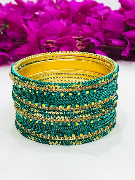 Attractive Teal Green Color Metal Bangles Set For Women