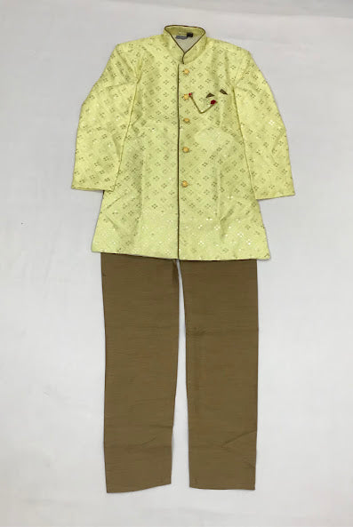 Lovely Light Yellow Colored Silk Cotton Kurta With Pajama Pant Sets For Boys