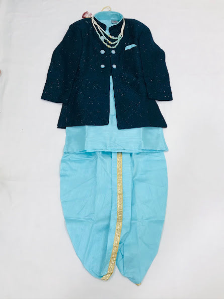 Charming Blue Colored Sherwani Jacket With Pearl Mala Sets For Boys