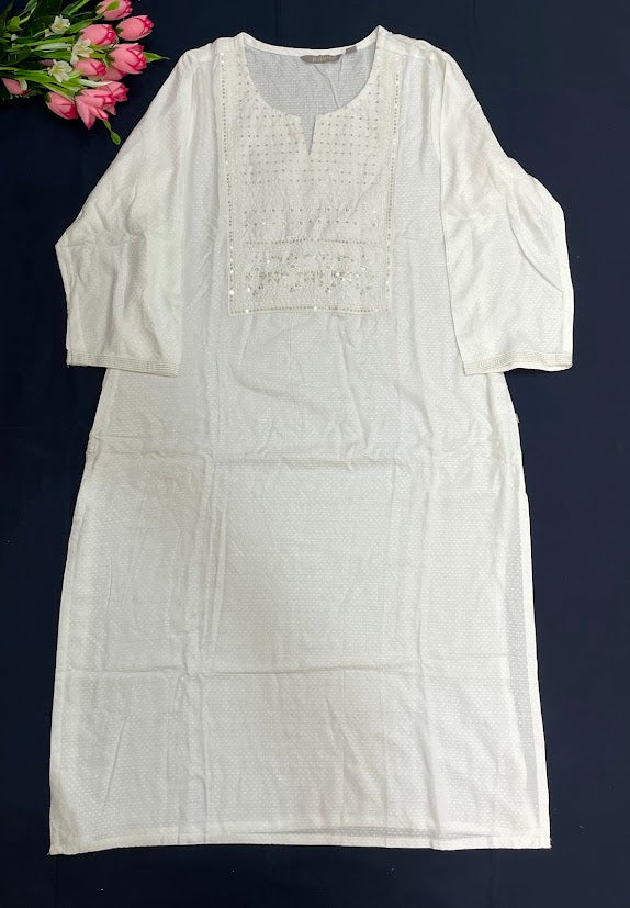 Appealing White Color Cotton With Embroidery And Sequins Work Kurti For Women
