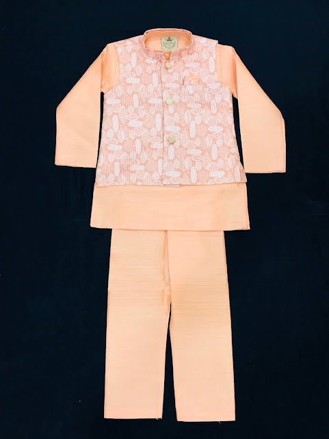 Gorgeous Pink Color Silk Cotton Sherwani Jacket With Pajama Pant For Boys