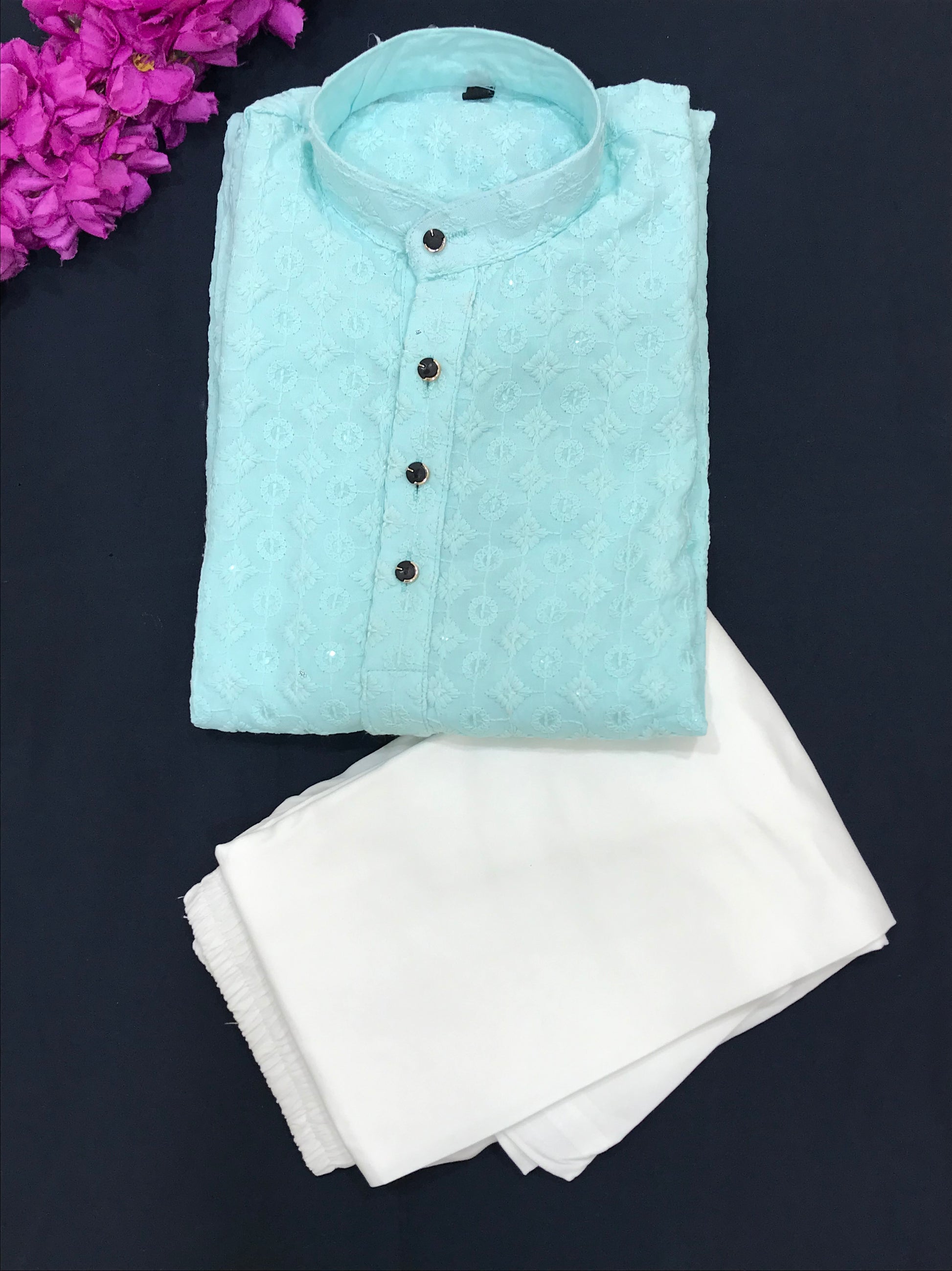 Sky Blue Colored Silk Cotton Kurta With Pajama Pant Sets Near Me