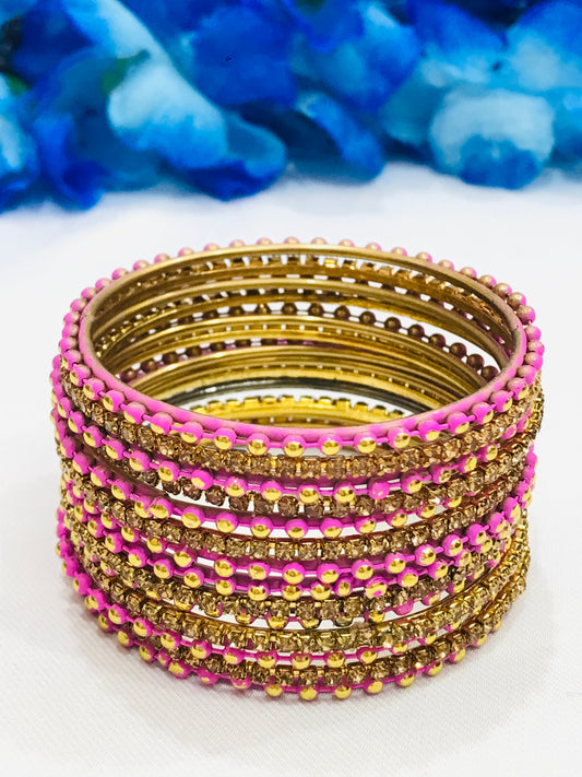 Dazzling Pink Color Dot Designed Metal Bangles For Girls