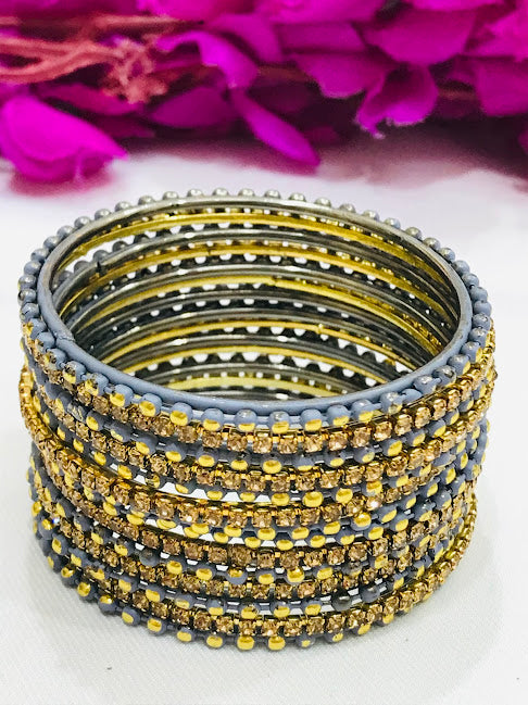 Attractive Gray Colored Golden Stone Metal Bangles For Girls