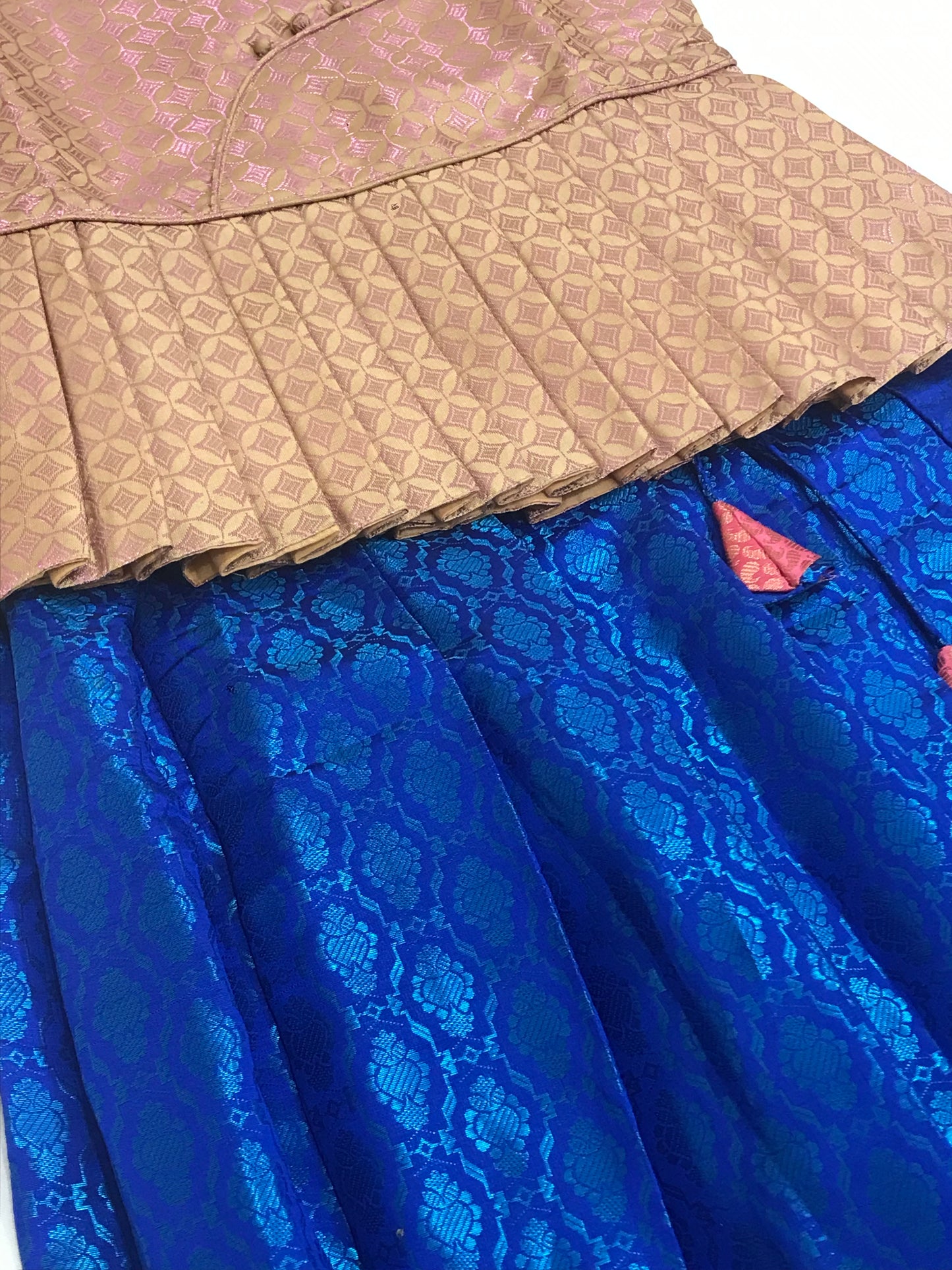 Beige And Blue Color With Pink Zari Work Art Silk Langa Sets In Surprise