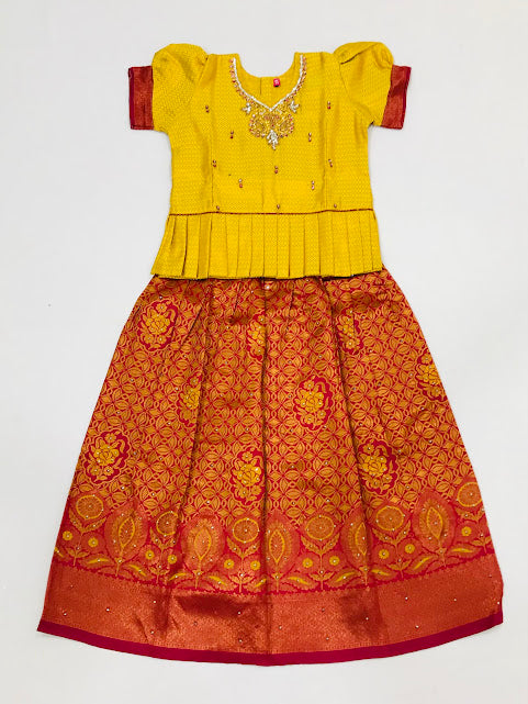 Charming Yellow Colored Embroidery Work Silk Langa Sets For Girls