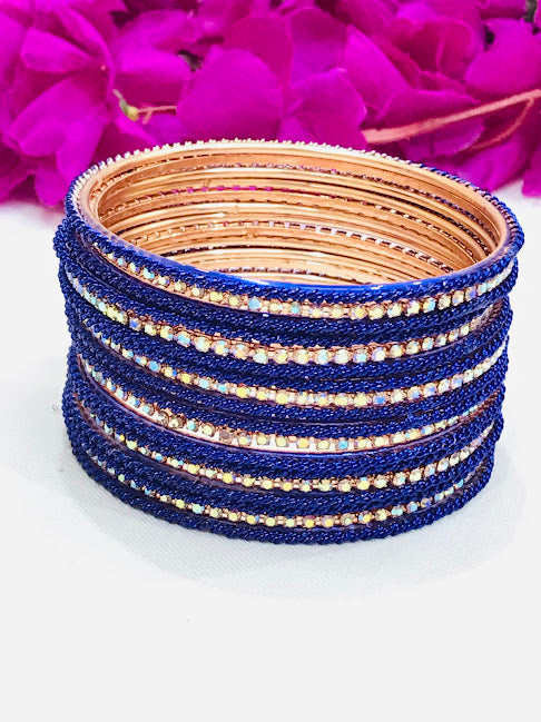 Appealing White Stoned Blue Colored Metal Bangles For Women