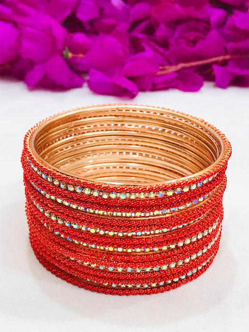 Dazzling Orange Colored Designed Metal White Stoned Bangles For Women