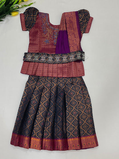 Attractive Dark Purple And Green Color Art Silk Langa Sets With Belt For Girls