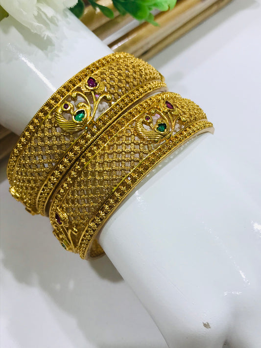 Beautiful Matte Finished Antique Gold Bangle With Peacock Design