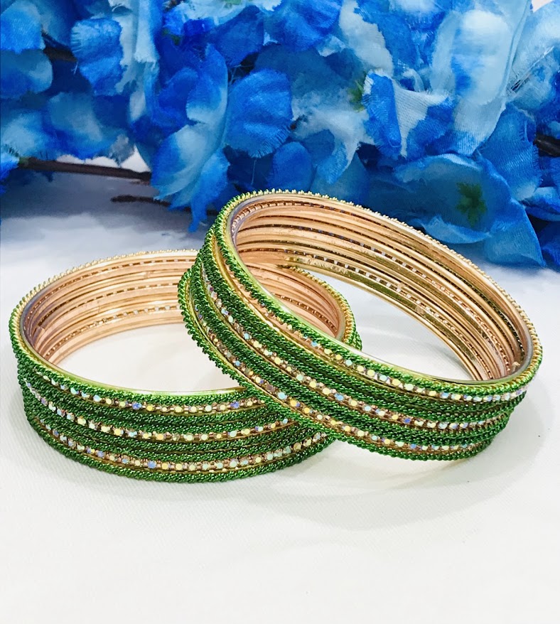 Dazzling Party Wear Green Colored Bangles With White Stones