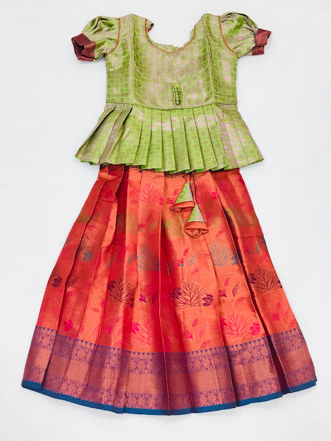 Appealing Green Colored Silk Pattu Langa Sets For Girls