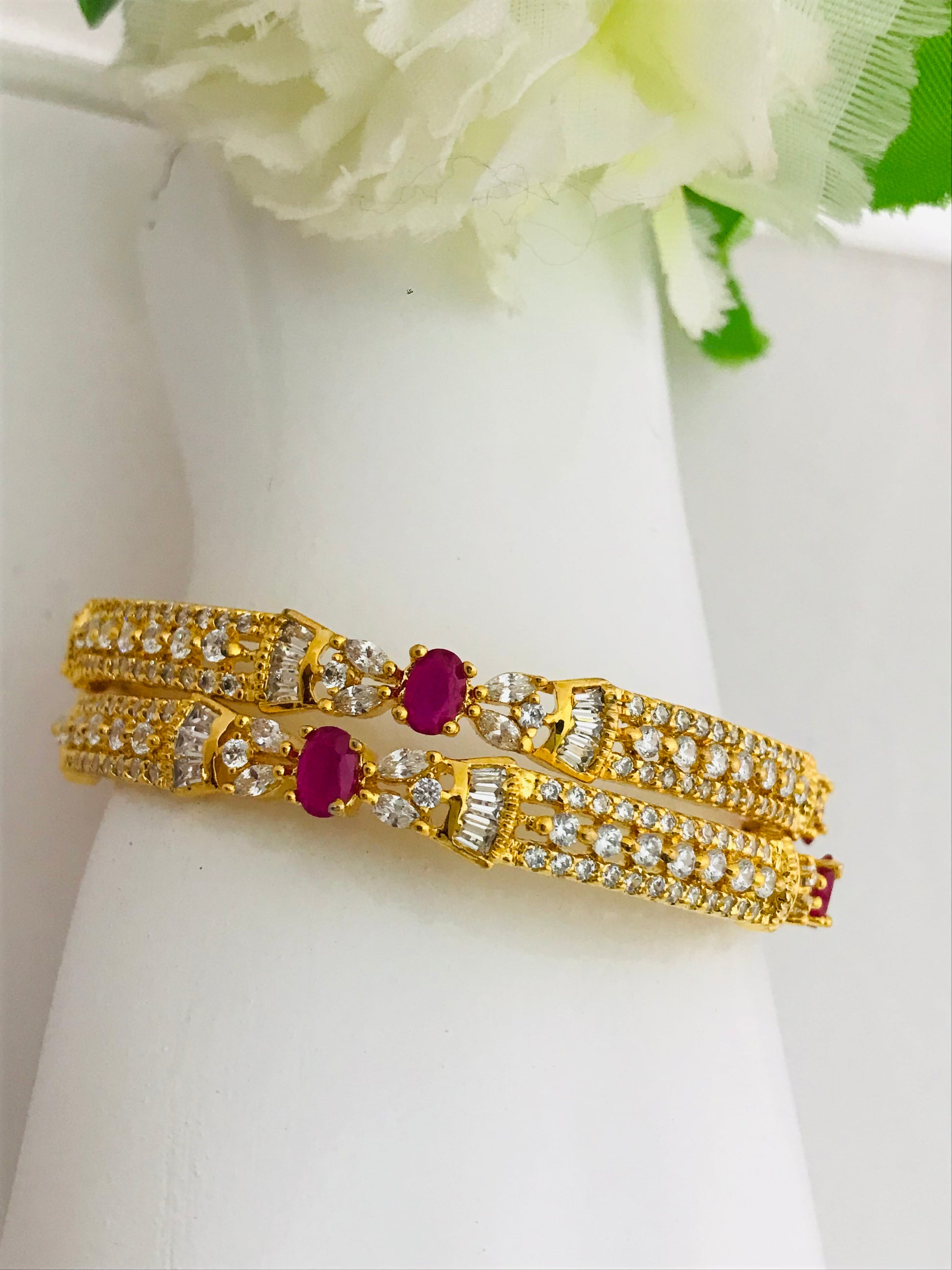 Modern Gold Plated Antique Bangles With Ruby And White Stones