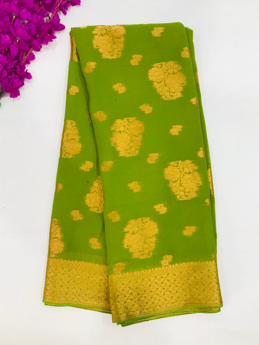 Fabulous Light Green Color Designer Georgette Saree With Flower Motifs And Contrast Rich Pallu