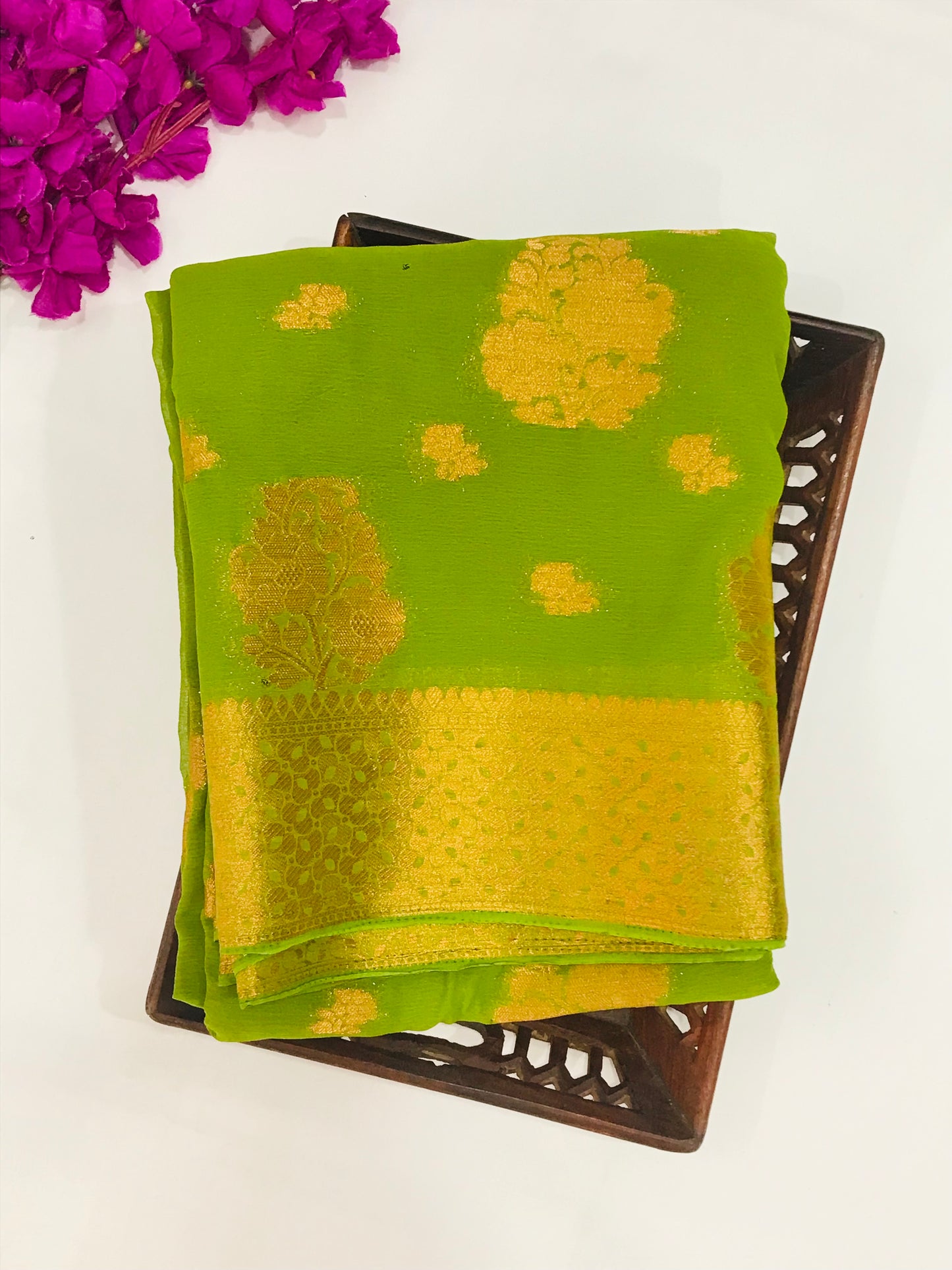 Light Green Color Designer Georgette Saree With Flower Motifs And Contrast Rich Pallu Near Me