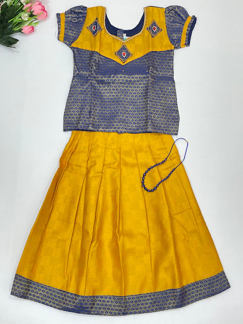 Pretty Navy Blue And Mustard Yellow Color Art Silk Langa Sets 