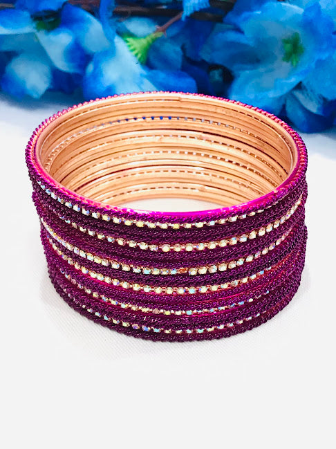 Gorgeous Purple Colored White Stoned Metal Bangles For Women