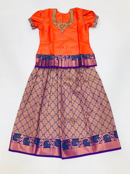 Elegant Orange Colored Silk Embroidery Work Langa Sets For Girls