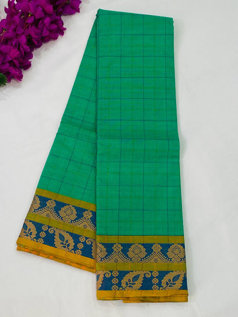 Dazzling Green Color Checked Pure Cotton Saree With Woven Border