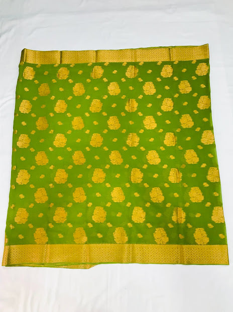 Fabulous Light Green Color Designer Georgette Saree With Flower Motifs And Contrast Rich Pallu