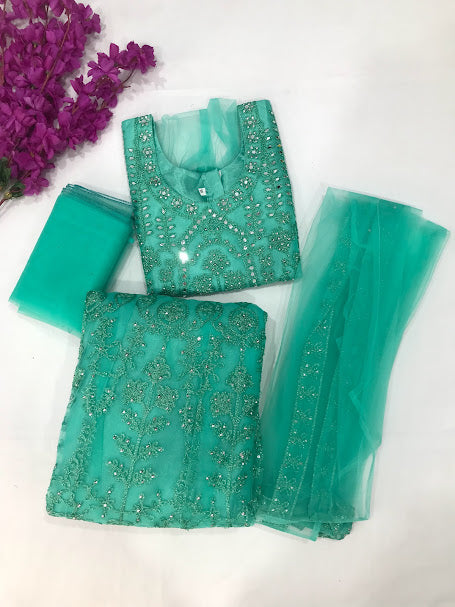 Gorgeous Aqua Green Designer Mirror And Embroidery Work Choli Sets For Girls