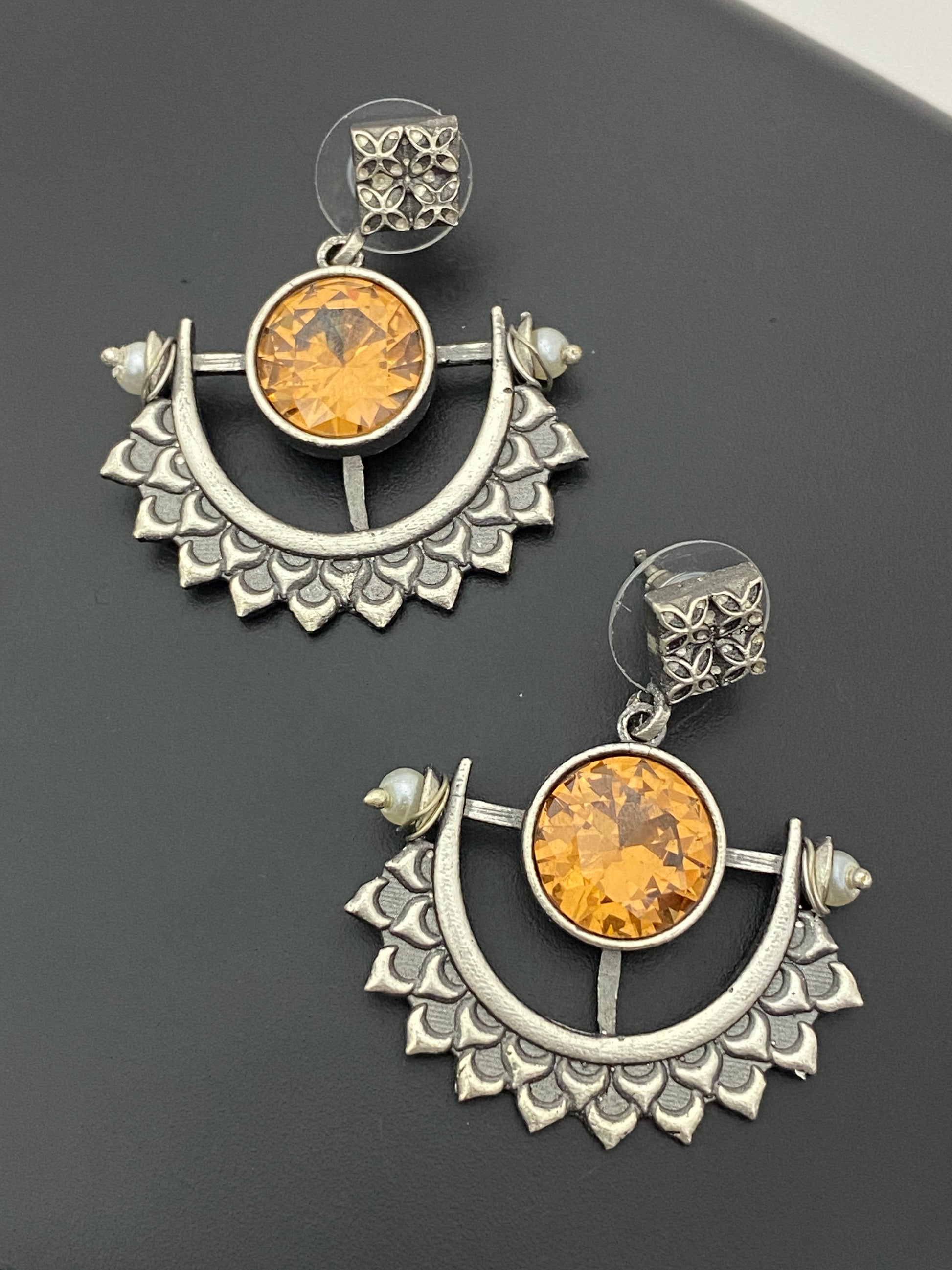 Alluring Orange Stone Beaded Half Moon Design German Silver Plated Oxidized Earrings