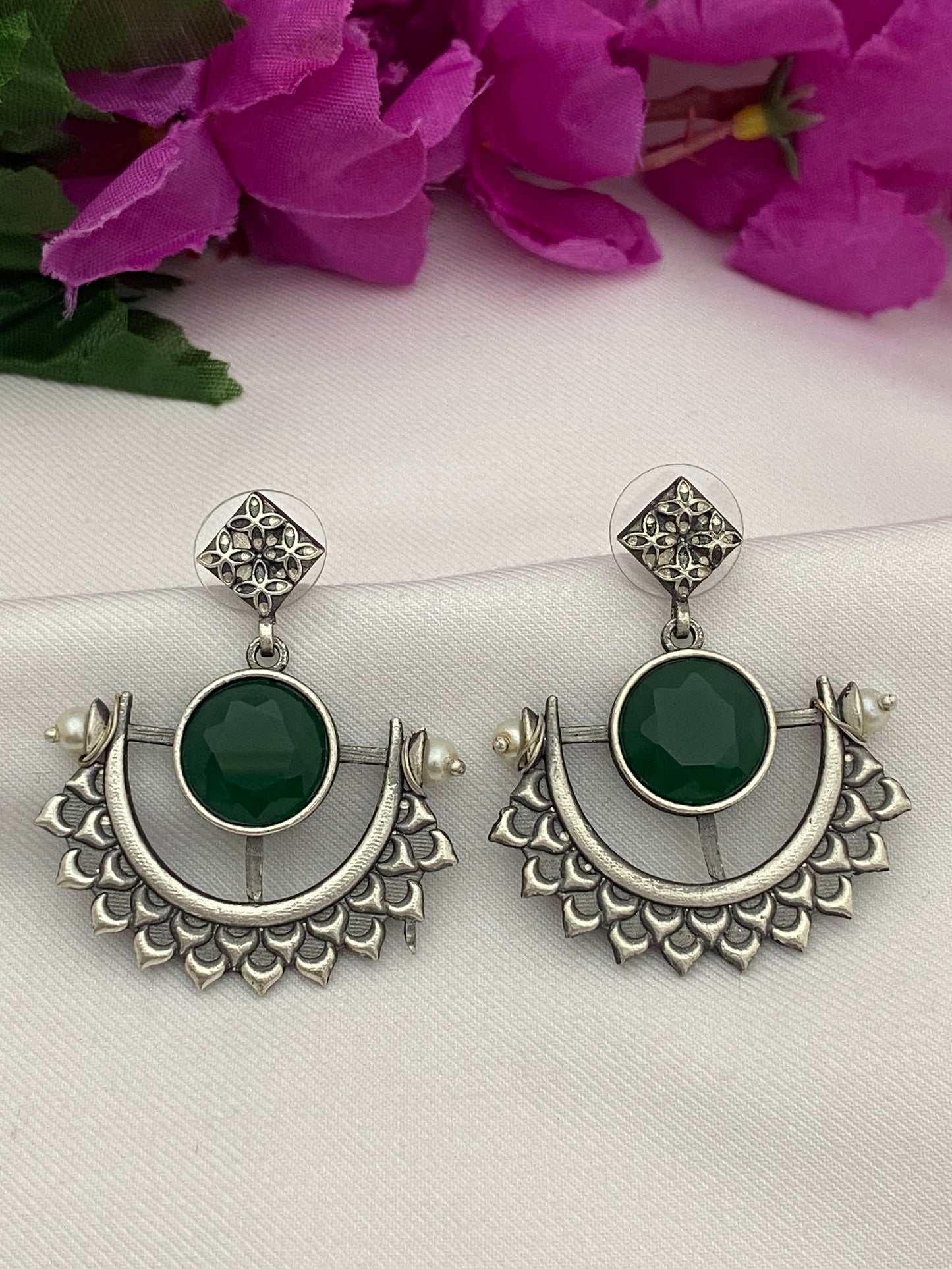 Gorgeous Green Colored Stone Chaandbali Style Oxidized Earrings