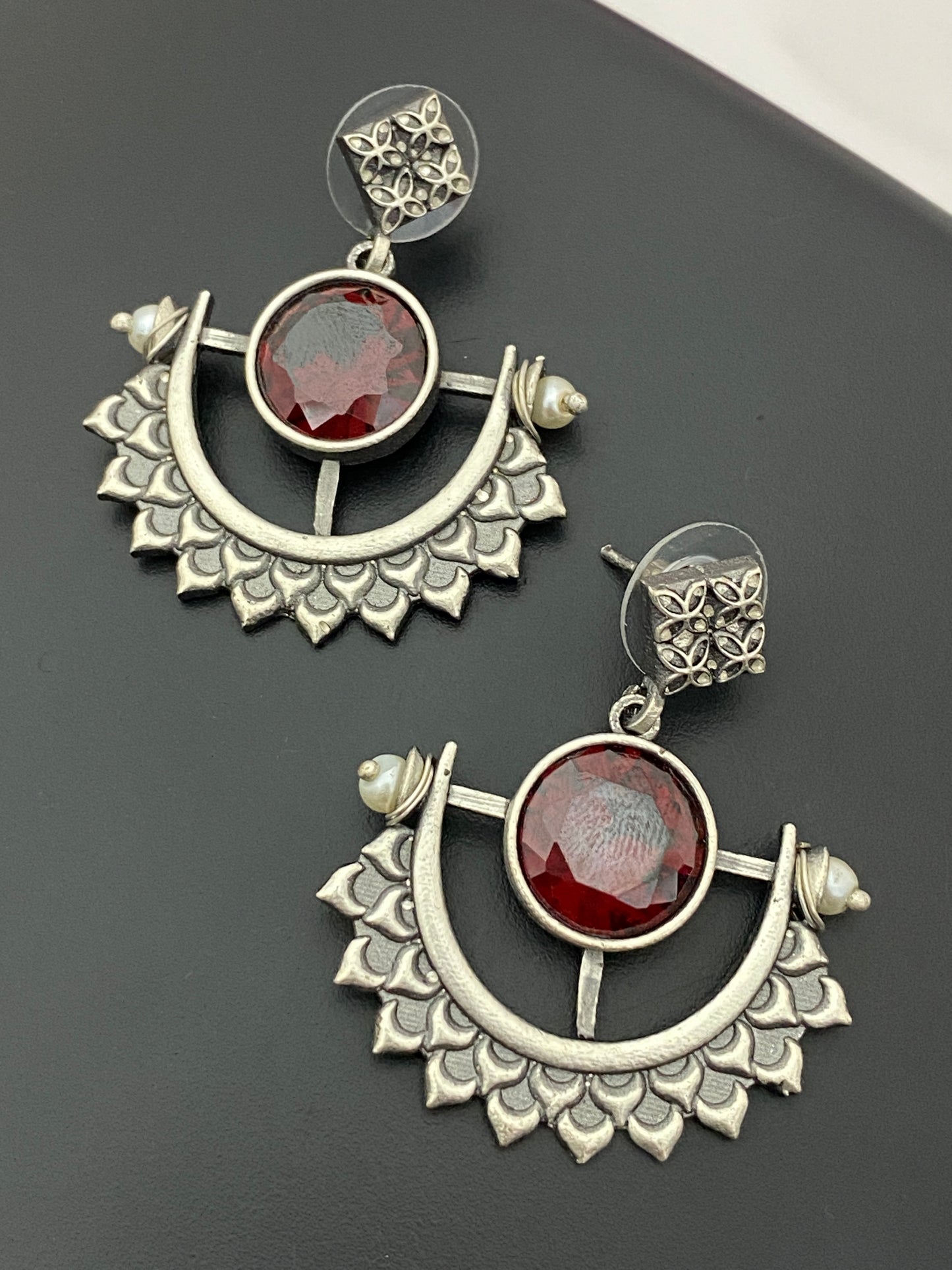 Ruby Red Stone Beaded Half Moon Designed Silver Plated Oxidized Earrings Near Me