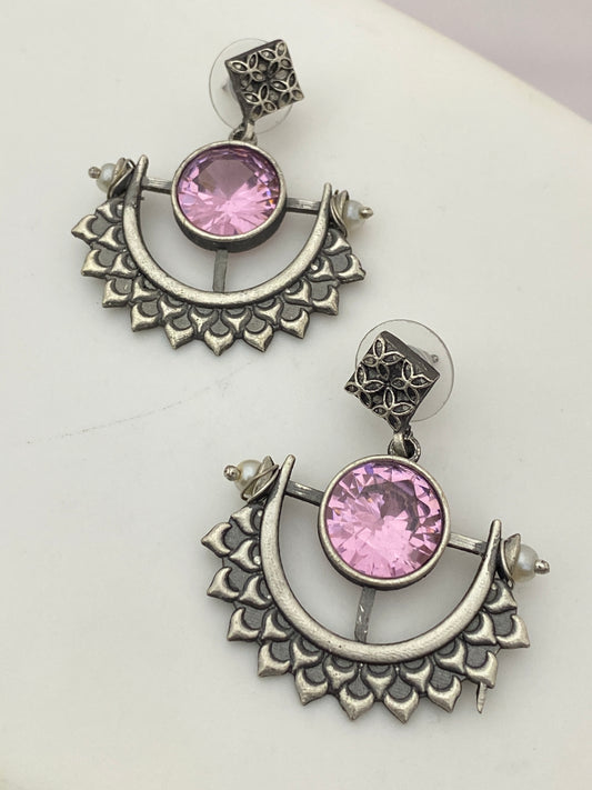 Gorgeous Oxidized With Pink Color Stoned Earring For Women