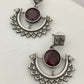 Magnificent Ruby Red Stone Beaded Half Moon Designed Silver Plated Oxidized Earrings