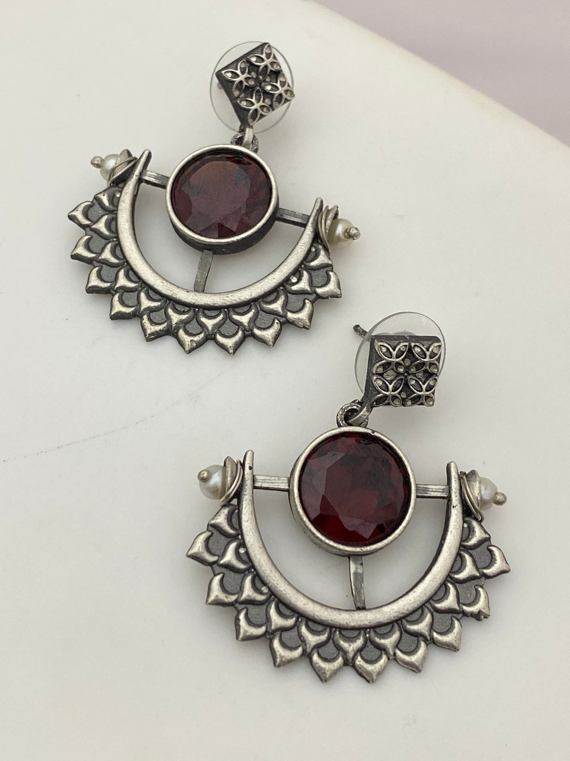 Magnificent Ruby Red Stone Beaded Half Moon Designed Silver Plated Oxidized Earrings