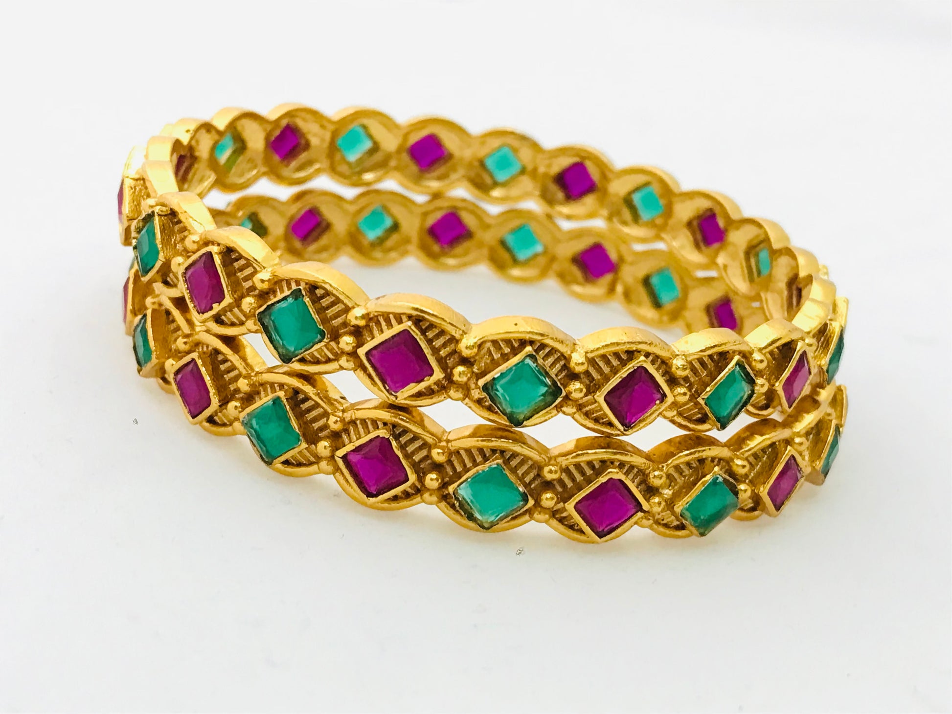 Antique Gold Bangle Set With Emerald And Ruby Stones Near Me